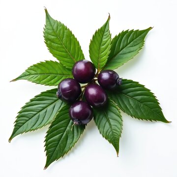 Dark purple Atropa belladonna berries and green glossy leaves are isolated on a white background. This plant is poisonous and deadly nightshade.