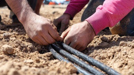 Workers carefully installing underground cables in a construction site.