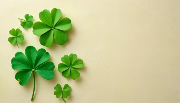 St. Patrick's Day background with green shamrocks and clovers on a cream-colored surface, flat lay with copy space.