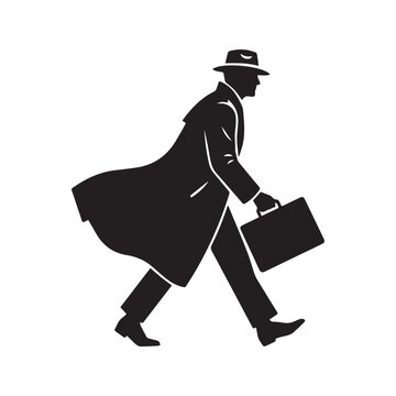 Silhouette of a mysterious detective spy or agent wearing a fedora hat and trench coat carrying a briefcase, vector illustration isolated on white background.
