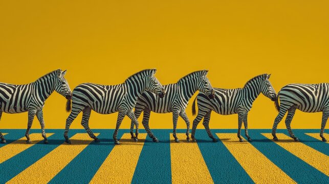 Multiple zebras walk in a line on a vibrant yellow and blue crosswalk