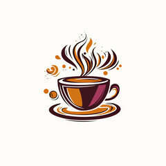 Obraz premium Abstract artistic coffee cup with swirling steam and decorative brown and orange design elements on saucer isolated on white background vector illustration