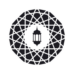 Geometric Islamic pattern circle with hanging lantern black silhouette vector design