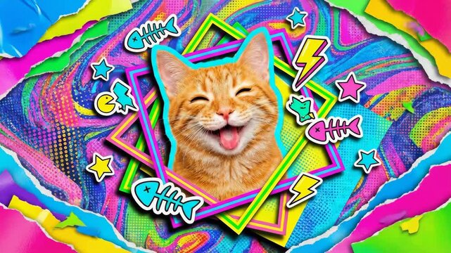 Orange ginger cat with tongue sticking out on colorful abstract background. Funny cat with different expressions in neon frames.