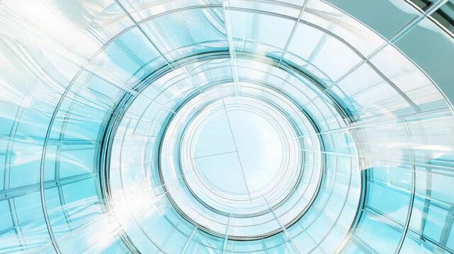 Modern architecture with a futuristic design featuring a circular glass roof and ascending transparent walls creating a dynamic swirling pattern towards the open sky