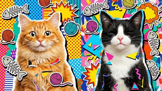 Playful orange cat and black and white cat collage on a colorful pop art background with comic style elements and fish bones