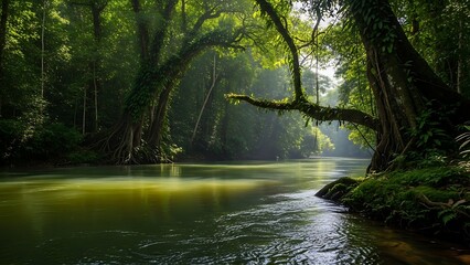 Obraz premium Lush jungle river with sunlight filtering through trees