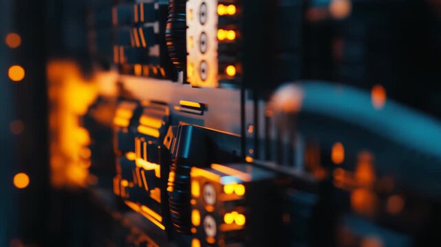 Server rack featuring multiple illuminated modules and cabling, representing advanced data processing, internet communication, and cloud computing technology