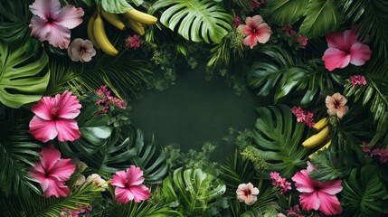 Fototapeta premium Vibrant nature flyer featuring hibiscus flowers and tropical foliage botanical garden graphic design lush environment close-up view floral concept