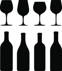 Elegant wine bottle and glass silhouette icon set, alcoholic beverage drink symbols, restaurant bar vector graphic illustration