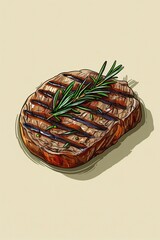 A vector icon of a juicy steak with grill marks and a sprig of rosemary, centered on a solid background.