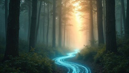 Naklejka premium Mystical forest path with glowing blue stream of data. Bright sunrise light filters through misty trees creating serene, magical atmosphere. Nature meets technology in tranquil wood.