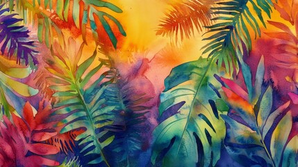Tropical oasis lush watercolor artwork vibrant jungle nature close-up colorful foliage