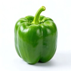 Studio shot of a whole green bell pepper isolated on white background for farm produce, organic market, or recipe illustrations