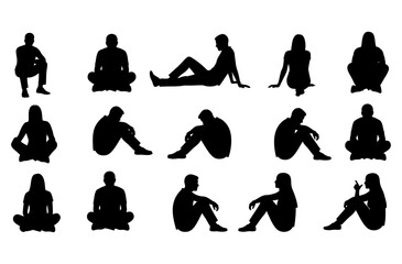 Men and women sitting down on floor silhouette vector set © Rani