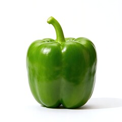 Studio shot of a whole green bell pepper isolated on white background for farm produce, organic market, or recipe illustrations