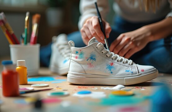 Teenager paints custom sneakers at home. Young person uses brush and paints to create unique footwear design. Handcrafted shoe art project with colorful splashes and splatters.