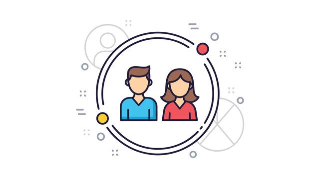 Profile icons of a man and a woman in blue and red shirts inside a circular frame for user profiles and social networking interfaces.