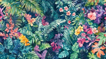 Vibrant tropical ferns pattern exotic paradise watercolor art lush environment aerial view colorful flora