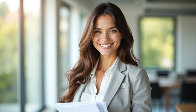 Smiling woman with long brown hair wearing a grey jacket and white shirt. She holds papers in an office setting, looking directly at camera. Pro appearance with confidence.
