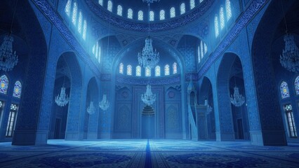 Fototapeta premium Grand interior of a blue Islamic mosque with ornate chandeliers, intricate patterns on walls and carpets, and arched