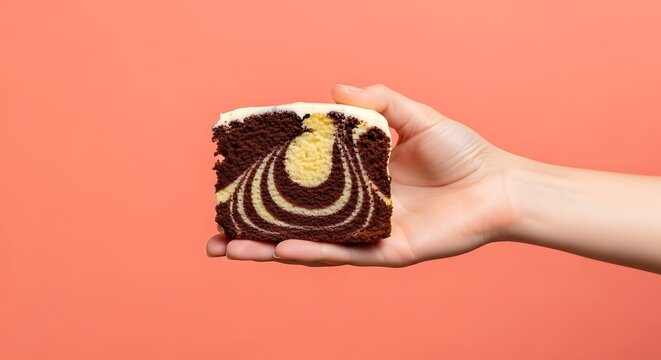 hand holding a slice of marble cake