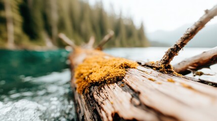 Fototapeta premium A close-up view of a log covered with moss highlights the beauty of nature, merging textures and colors, illustrating tranquility and the interconnectedness of life.