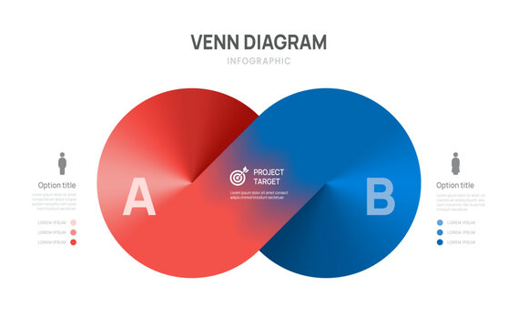 Venn diagram business infographic circle chart template 2 options, presentation with venn diagram elements vector illustration.