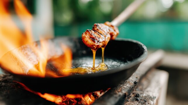Deliciously grilled skewers sizzle on an open flame, exuding tantalizing aromas and vibrant colors, presenting a perfect moment of outdoor cooking and flavor.