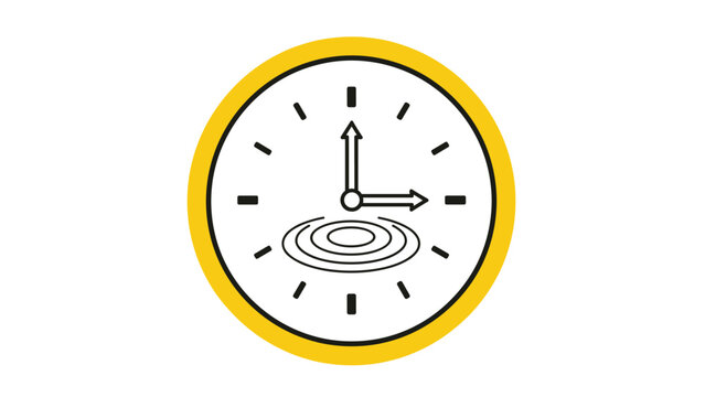Minimalist clock icon with black hands pointing to three o clock and concentric ripple circles in the center on yellow.