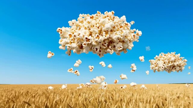 Popcorn clouds floating over golden wheat field against clear blue sky in food landscape.