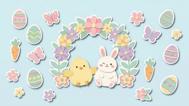 Cute chick and bunny inside a vibrant floral wreath with easter eggs, butterflies, and carrots, happy spring holiday celebration.
