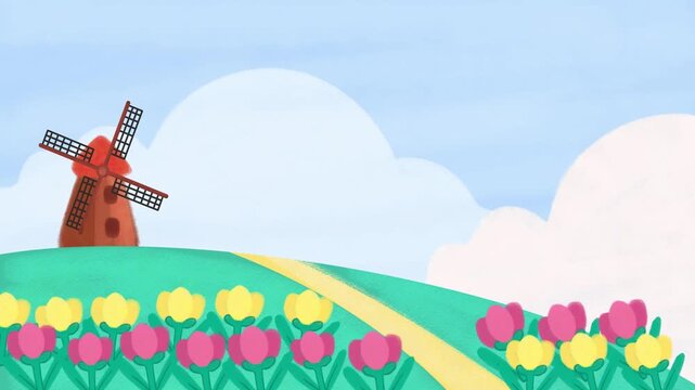 Cute Windmill on Tulip Flower Hill Animated Background