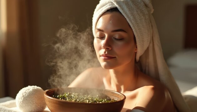 Woman with towel on head inhales steam from herbal bowl for facial treatment. She relaxes with closed eyes enjoying aromatherapy and spa wellness. Natural beauty and skincare.