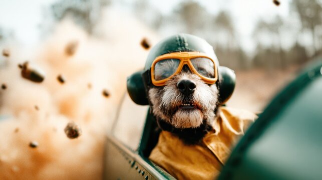 This playful image depicts a dog in a vintage pilot outfit, showcasing a humorous take on adventure, exploration, and the thrill of aviation.