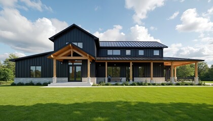 Black modern barndominium home with wood accents sits on green lawn. Expansive country house features large porch, stone foundation, metal roof. Daylight exterior.