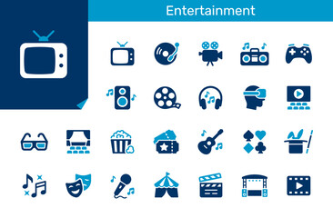 Entertainment icon collection for media, leisure and recreation concept. Flat design. Pixel perfect.