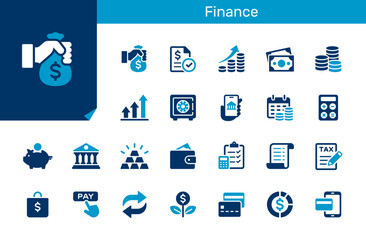 Finance icon collection for banking, investment and money management concept. Flat design. Pixel perfect.