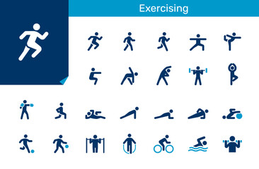 Exercising icon collection for fitness, sport and healthy lifestyle concept. Flat design. Pixel perfect.