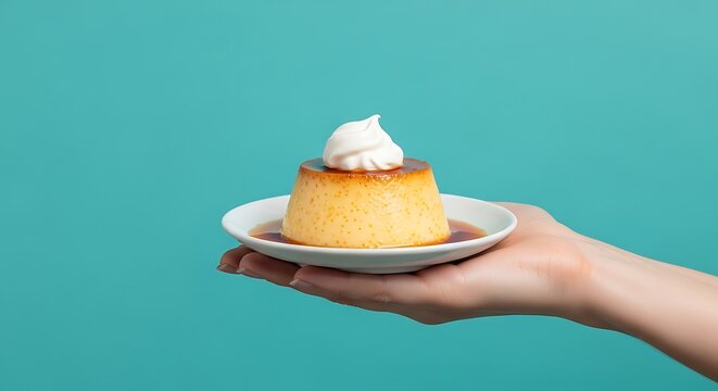 hand holding a flan dessert