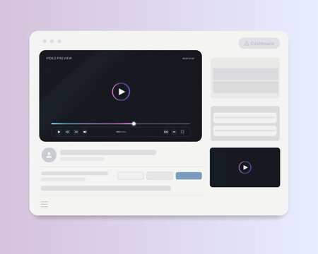 Light dashboard webpage mockup with embedded video player, sidebar widgets and content blocks. Minimal UI layout for streaming platforms, e-learning course pages and product demo interfaces.