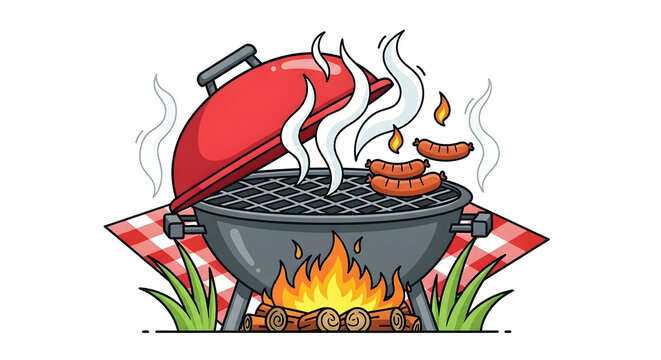 Colorful cartoon illustration of sausages grilling on barbecue