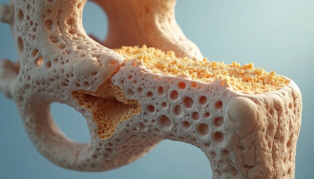 Macro view of human bone structure. Trabecular bone shows porous texture indicating osteoporosis. Medical illustration of fragile bone tissue with loss of density. Healthy bone comparison not visible.