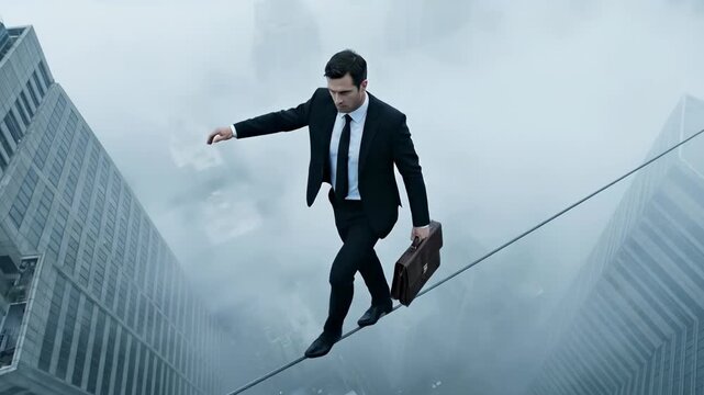 Man high-wire walking between two tall buildings over a foggy cityscape. Business concept of risk, balance, and challenge.