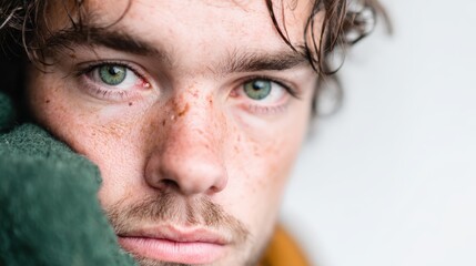 Obraz premium An intense close-up of a young man with striking green eyes and freckles, capturing a moment of deep thought and contemplation against a blurred background.