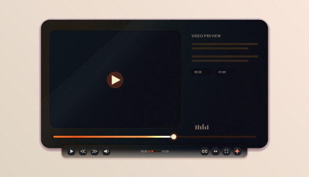 Dark video player interface mockup with play button, timeline slider and control bar, plus info panel on the right in premium minimal style.