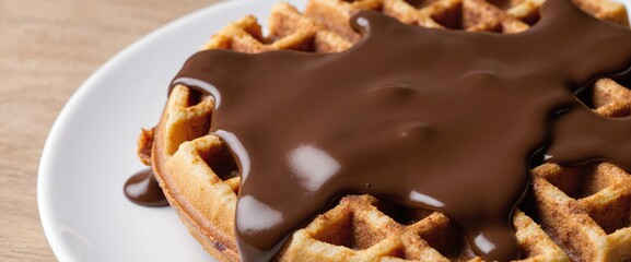 Freshly Baked Crispy Waffle With Flowing Chocolate Topping