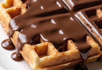 Freshly Baked Crispy Waffle With Flowing Chocolate Topping