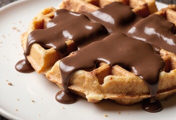 Freshly Baked Crispy Waffle With Flowing Chocolate Topping