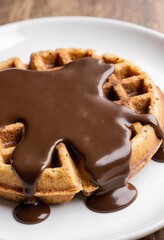Freshly Baked Crispy Waffle With Flowing Chocolate Topping